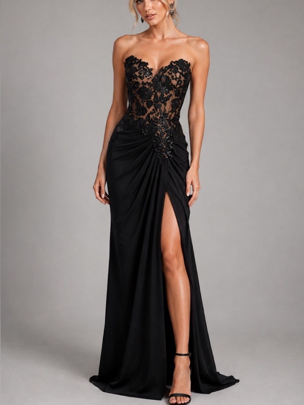 Tadashi Shoji Dresden  Sequin Embroidered Strapless Gown Black Nude CHS25369L